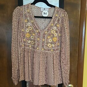 Embroidered V-Neck Boho Peasant Top -Floral
